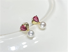 高保色合金红宝石爱心珍珠7mm耳钉